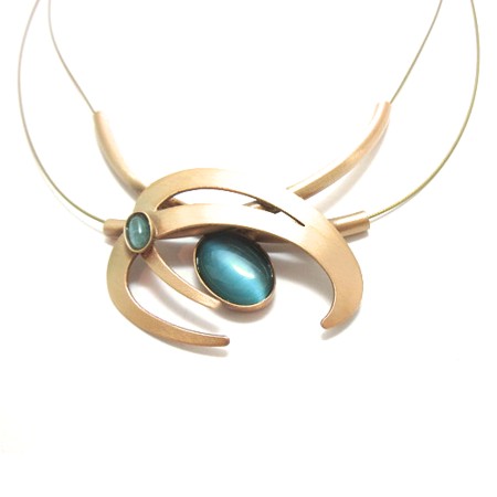 Brushed Gold and Bright Blue Double Tube Wire Necklace - Click Image to Close